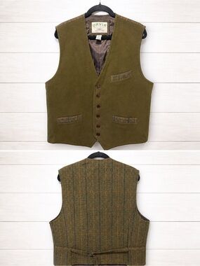 Orvis Men’s Vintage Green Wool Blend Vest with Plaid Trim Large